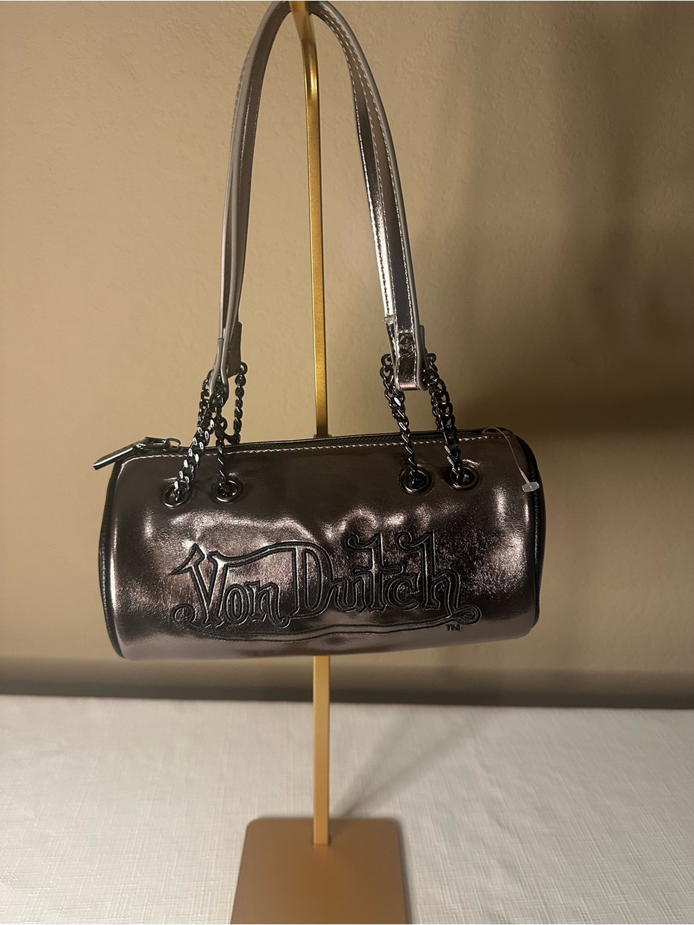 Von Dutch Metallic Barrel Mini Shoulder Bag in Silver